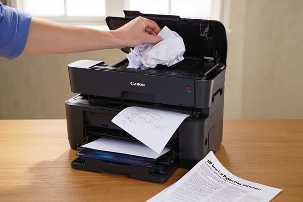 HP-Drucker mit offener Klappe zur Papierentfernung