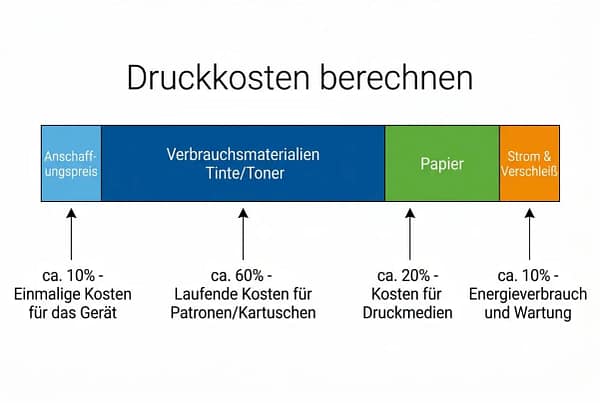 Druckkosten berechnen: Grafik zeigt Anteilskosten (Gerätekauf, Tinte/Tarterien, Papier, Strom) mit jeweiligen Prozentsätzen. Bezug zu drucker günstig drucken.