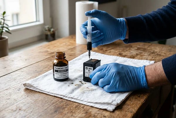 HP-Tintenpatrone nachfüllen: Person füllt Tinte aus Tintenflasche in Druckerpatrone mit Spritze, Handschuhe, auf sauberer Arbeitsfläche.