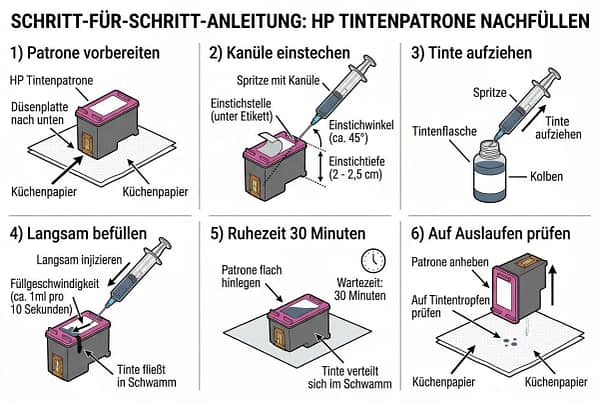 Schritt-für-Schritt-Anleitung zum HP Tintenpatrone nachfüllen: Vorbereiten, einstechen, Tinte auffüllen, langsam befüllen, Ruhezeit 30 Minuten, Prüfung auf Auslaufen.