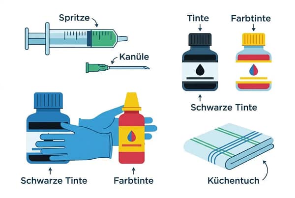 Spritze, Kanüle und Nachfüllflasche daneben; Schwarztinte, Farbtinte und Tintenpatronen, Küchenrolle/ Tintenrezension, Küchentuchym, liegend.